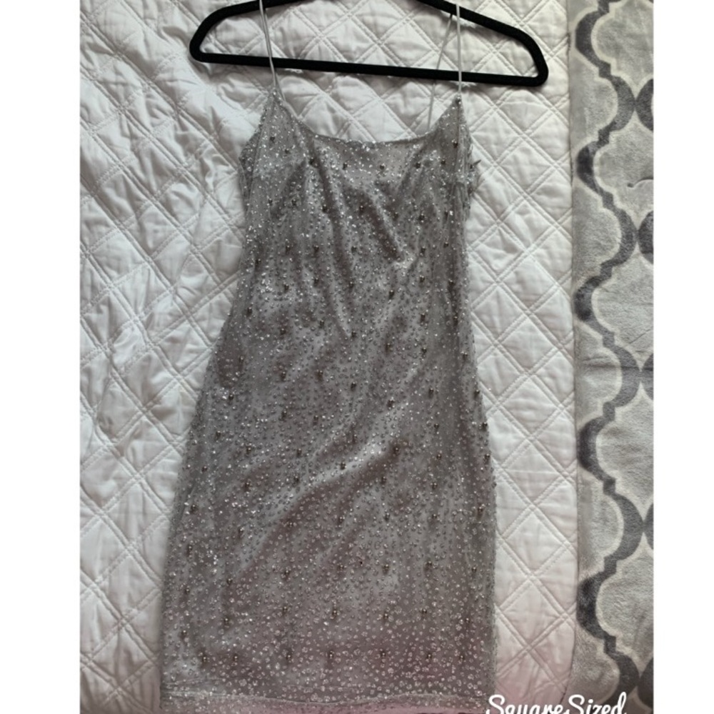 White Fox “Made You Look”Mini Silver Glitter Dress